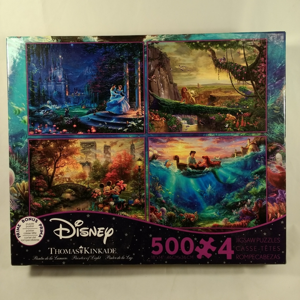 Disney Thomas Kinkade 4 in 1 Puzzle 500pc Cinderella Mickey Lion King Mermaid